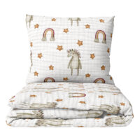CZTERY SŁONIE Pościel Dziecięca do Łóżeczka 2el PRODUKT POLSKI - Pościel Muślinowa Konik z Tęczą, 120x90
