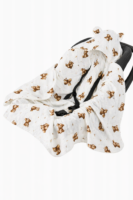 KOCYK DO FOTELIKA Z KAPTURKIEM I USZKAMI MUŚLINOWY NIEMOWLĘCY DO NOSIDEŁKA OTULACZ PREMIUM CZTERY SŁONIE - Zamyślony Miś na Białym, Letni