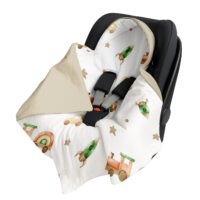 Kocyk do Fotelika Nosidełka Otulacz, Cztery Słonie - Lokomotywa z autem beż VELVET