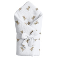 Libra – Rożek z kokardą 75x75cm - Rożek niemowlęcy z kokardą z muślinu kreszowanego, Miś pluszowy