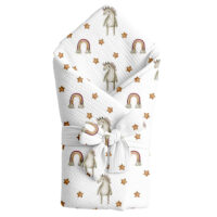 Libra – Rożek z kokardą 75x75cm - Rożek niemowlęcy z kokardą z muślinu kreszowanego, Konik z tęczą