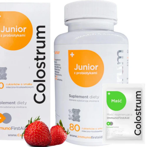 Suplement Diety JUNIOR z Probiotykami, Cukierki Mleczno - Truskawkowe, 80szt., Colostrum + Maść Regeneracyjna