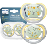 Smoczki Silikonowe Uspokajające 18m+, Philips Avent - Ultra Air Nighttime 2-pack SZARO-ŻÓŁTY 18m+