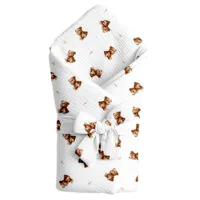 Libra – Rożek z kokardą 75x75cm - Rożek niemowlęcy z kokardą z muślinu kreszowanego, Zamyślony miś na białym